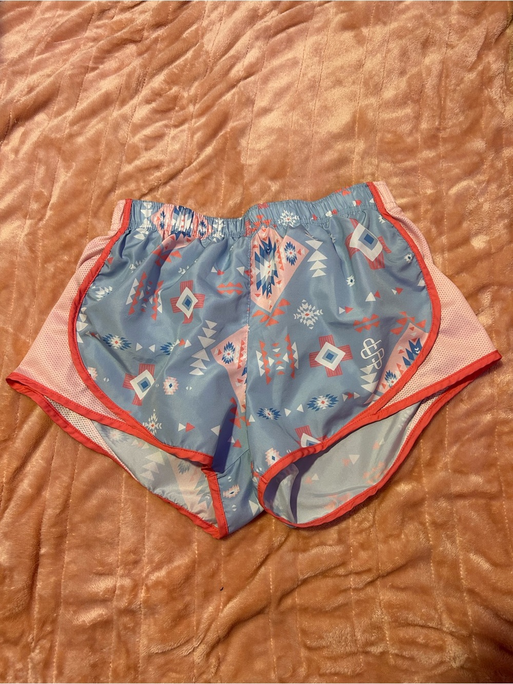 Simply Southern Blue Aztec Athletic Shorts with Coral Trim
